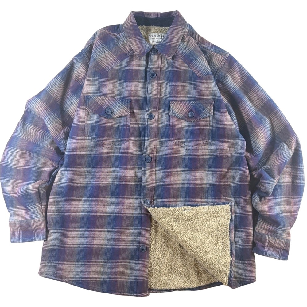 Flannel Trucker Jacket Sherpa Lined Mens LG Plaid Western Barn Chore Cabin Warm